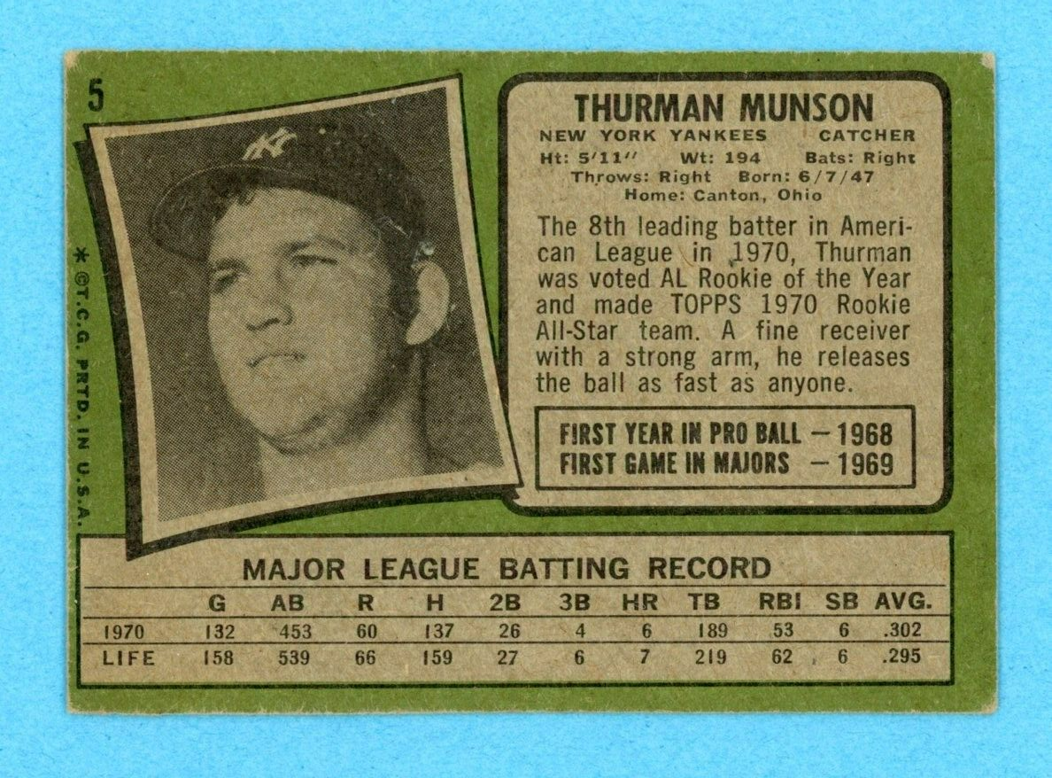 1971 Topps #5 Thurman Munson New York Yankees Baseball Card Vg/Ex o/c