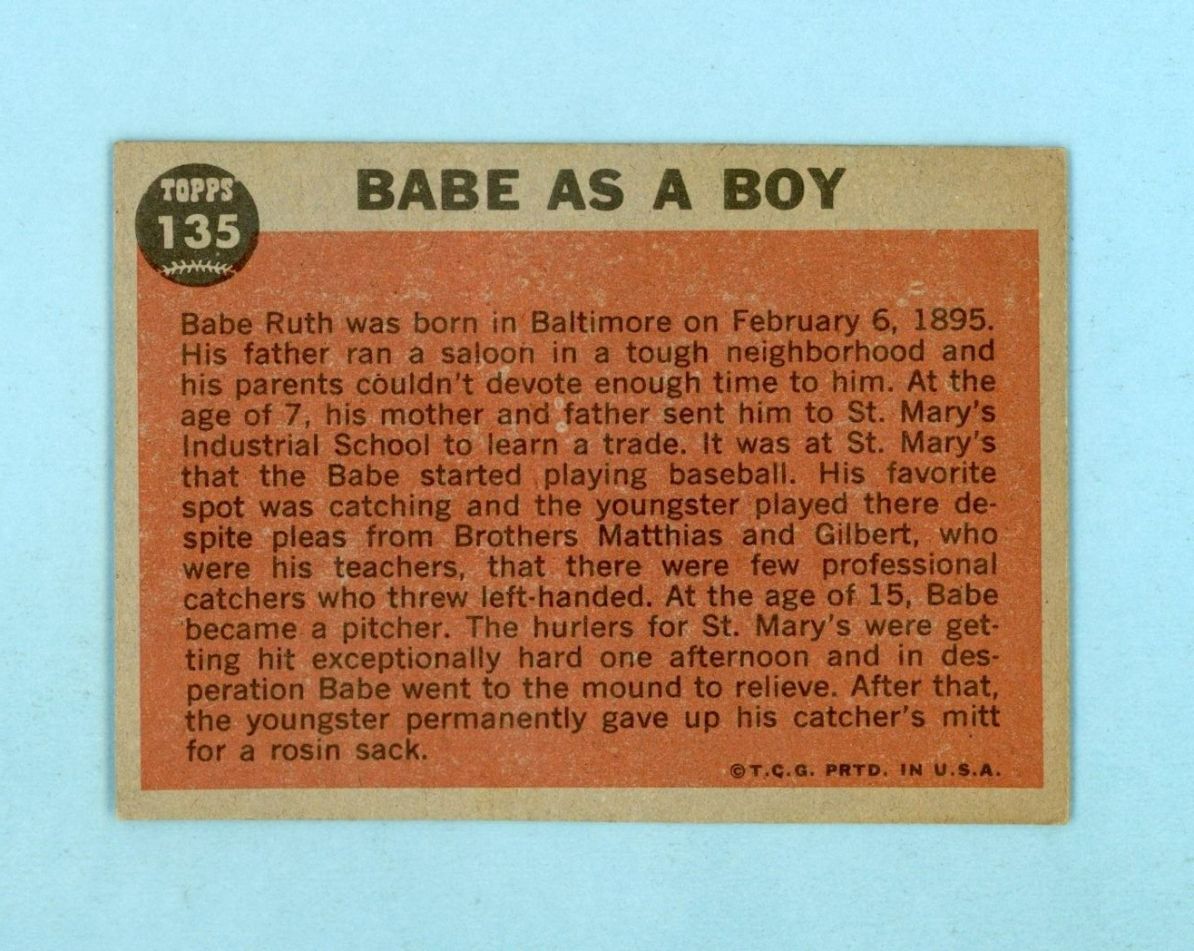 1962 Topps #135 Babe Ruth Special Babe as a Boy Baseball Card EX