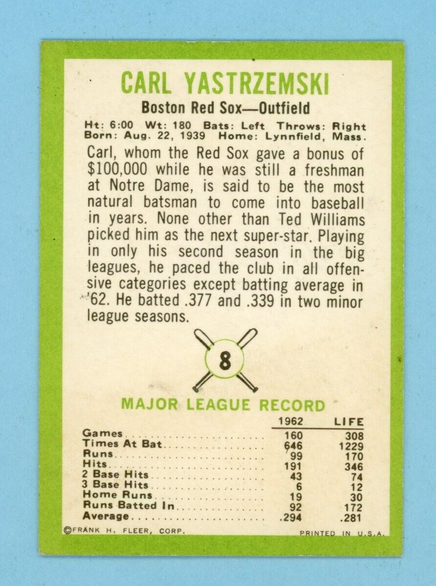 1963 Fleer #8 Carl Yastrzemski Boston Red Sox Baseball Card EX+ oc ap w/c ind