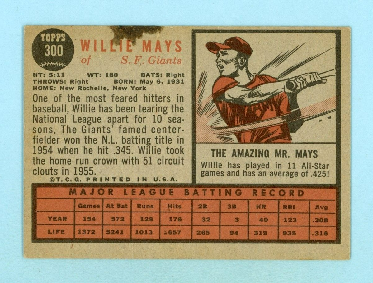 1962 Topps #300 Willie Mays San Francisco Giants Baseball Card Low Grade