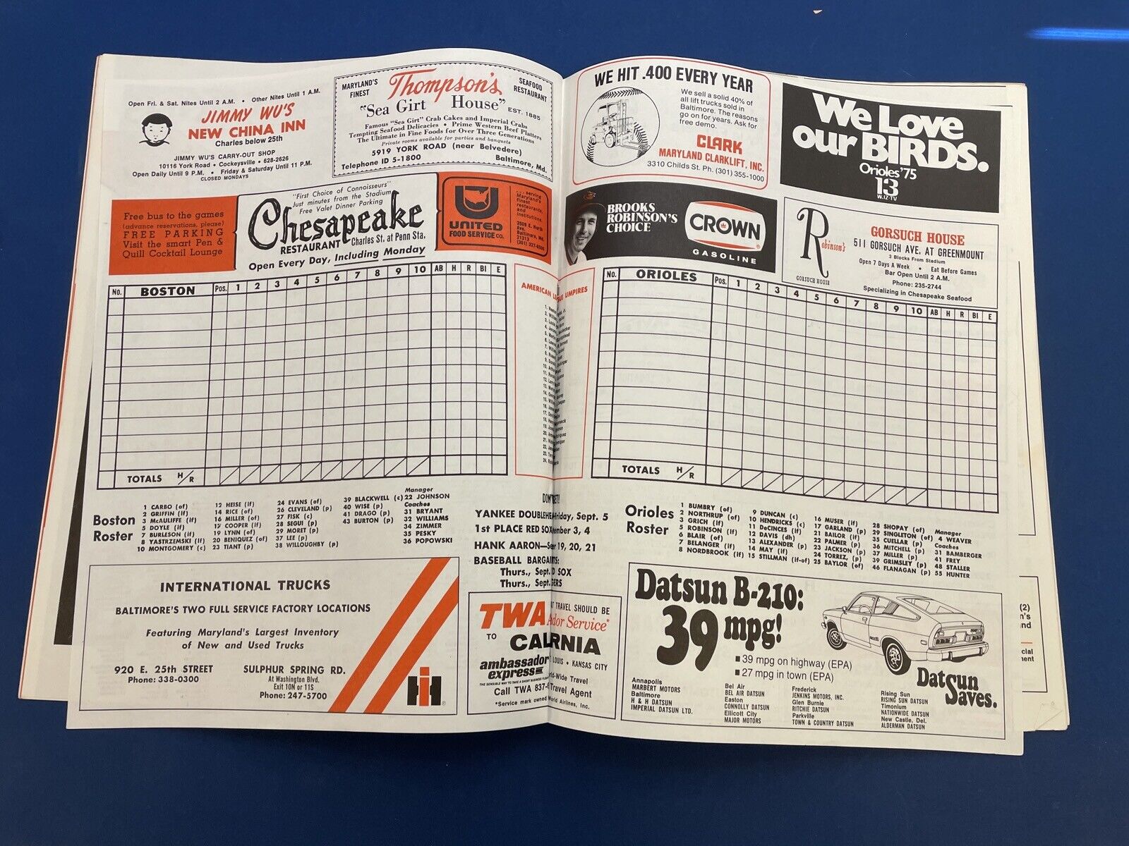 1975 Baltimore Orioles Scorecard Program vs Boston Red Sox • Unscored