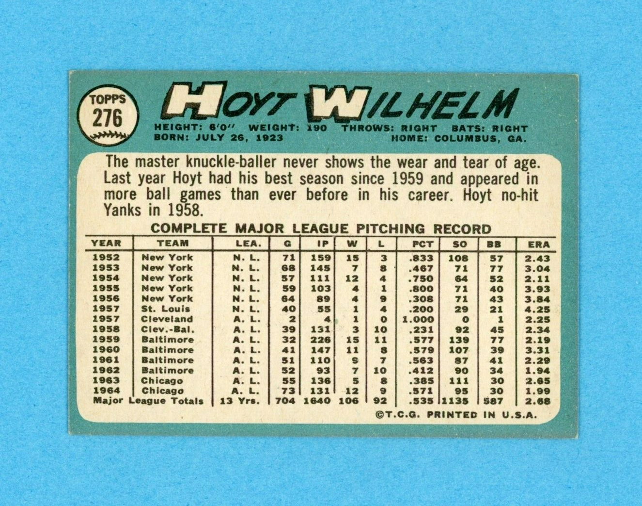 1965 Topps #276 Hoyt Wilhelm Chicago White Sox Baseball Card E/M ap lht w/c bra