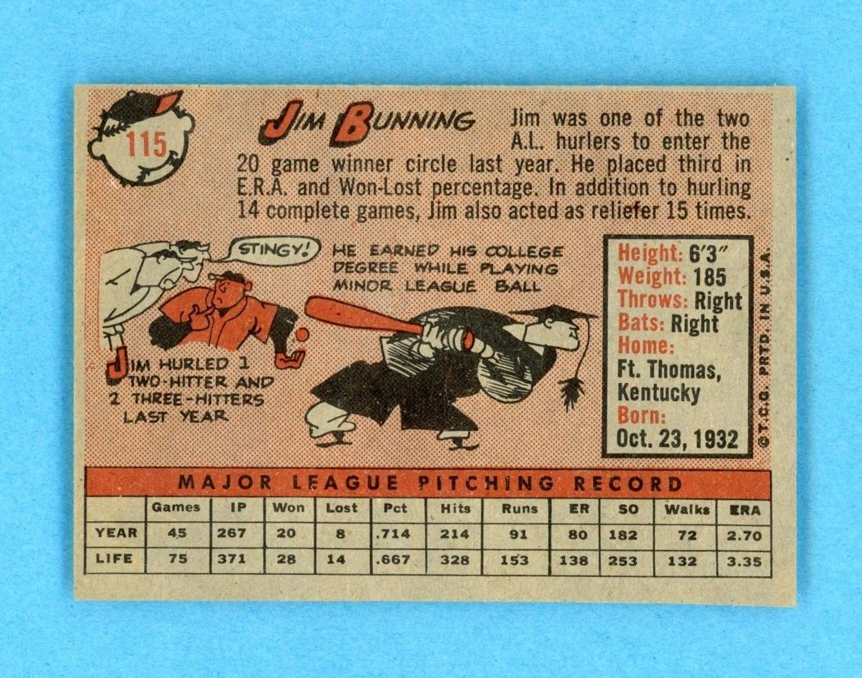 1958 Topps #115 Jim Bunning Detroit Tigers Baseball Card Ex/Mt - NM o/c