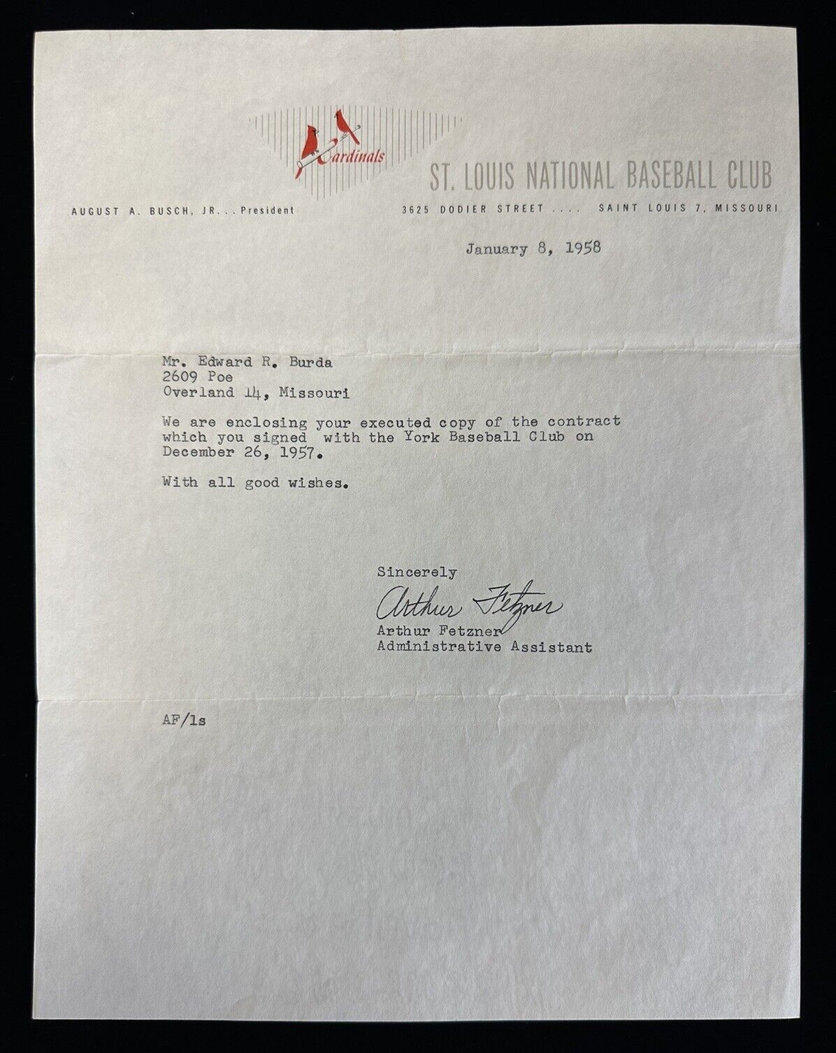 1958 St. Louis Cardinals Contract Letter to Bob Burda on Cardinals Letterhead