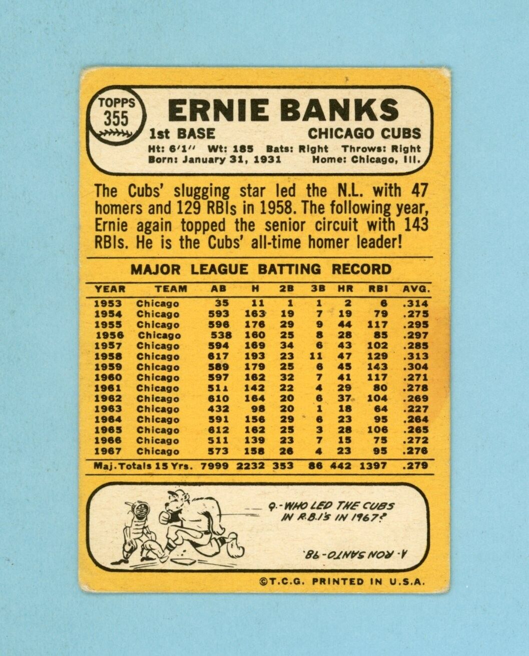 1968 Topps #355 Ernie Banks Chicago Cubs Baseball Card Low Grade