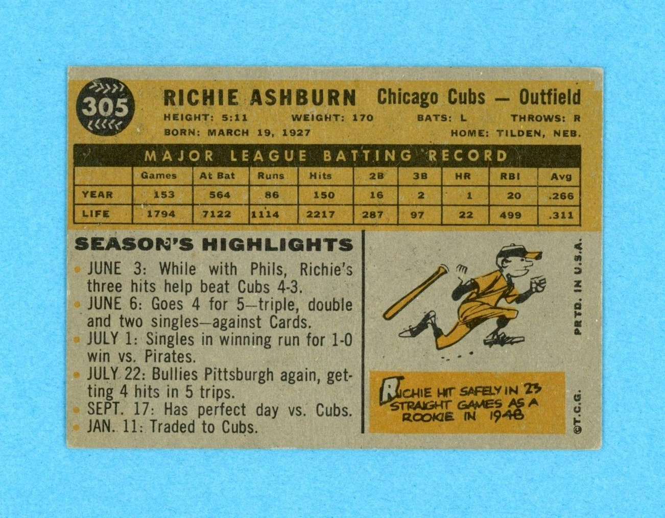 1960 Topps #305 Richie Ashburn Chicago Cubs Baseball Card EX