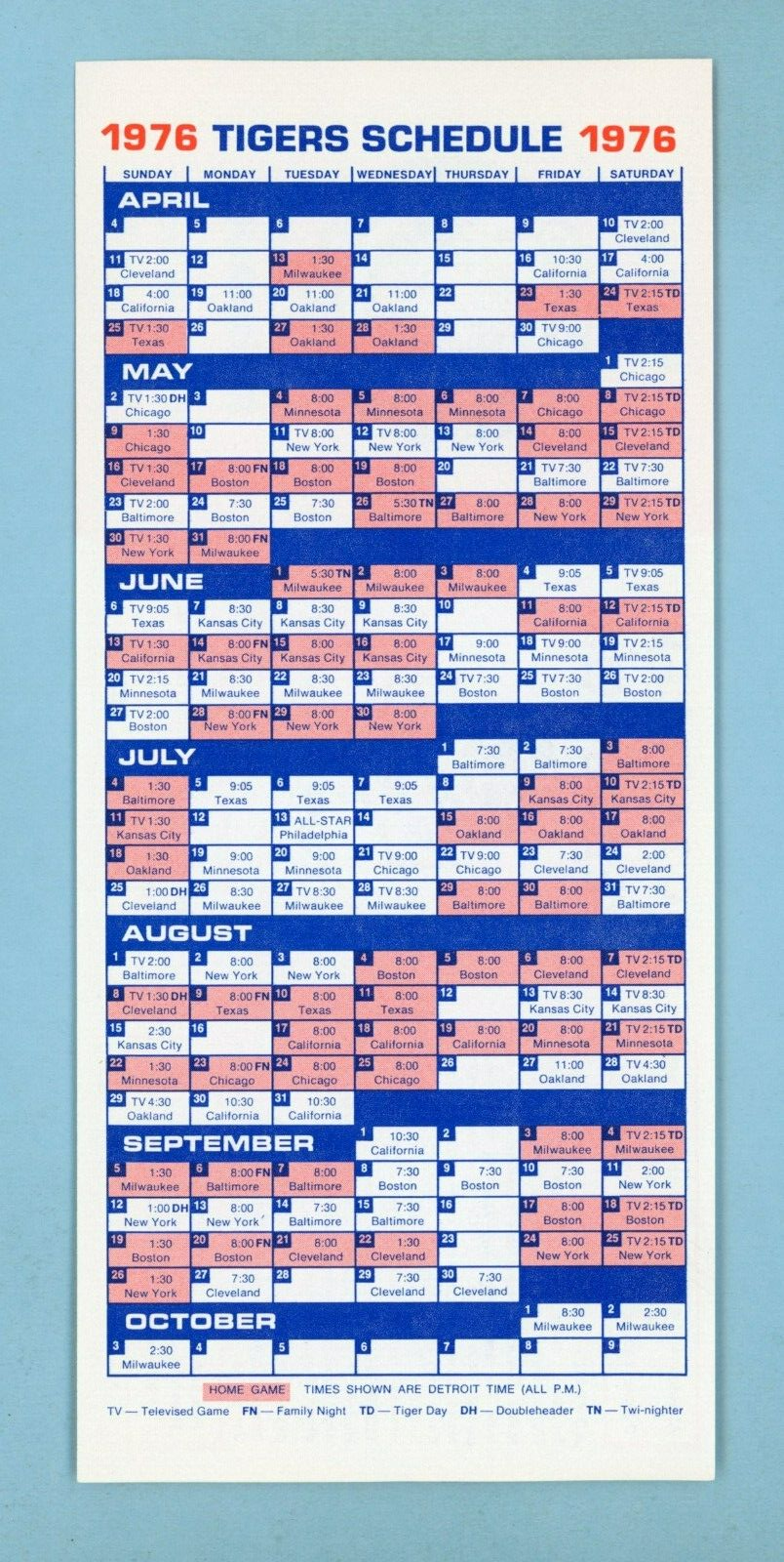 1976 Detroit Tigers Pocket Schedule NM (not folded)