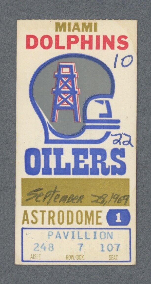 9/28/69 Miami Dolphins vs Houston Oilers at the Astrodome AFL Ticket Stub