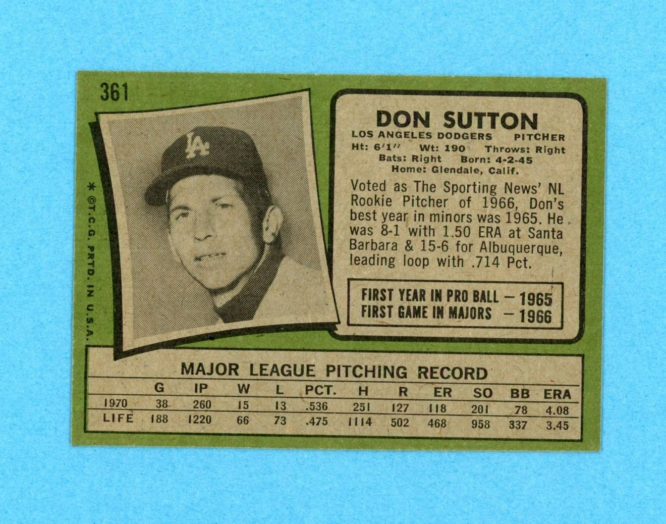 1971 Topps #361 Don Sutton Los Angeles Dodgers Baseball Card NM