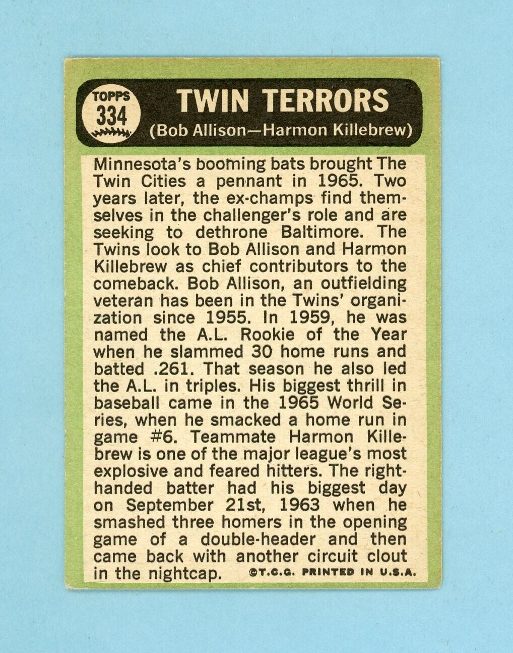 1967 Topps #334 Twin Terrors Harmon Killebrew, Bob Allison Baseball Card EX