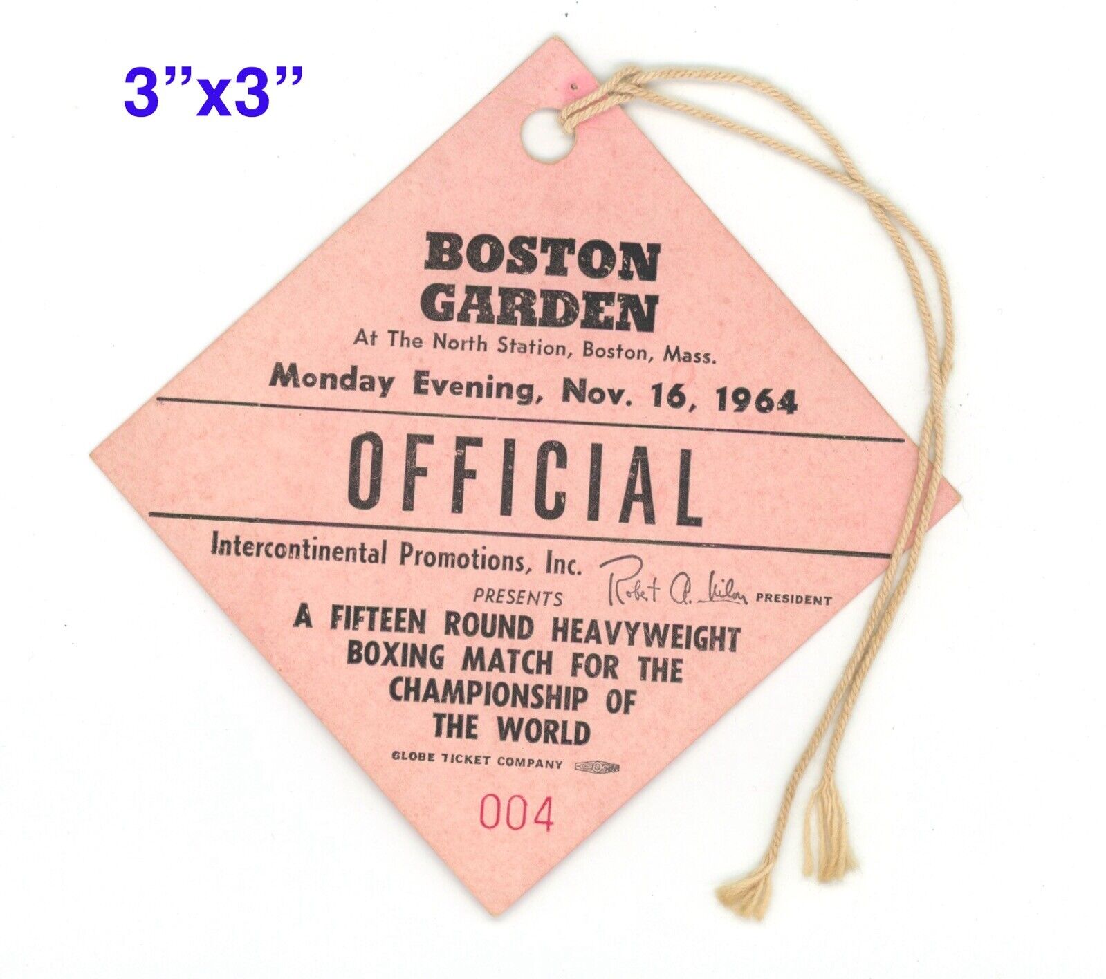 Original 11/16/64 Cassius Clay vs Sonny Liston Official Pass • Boston Garden