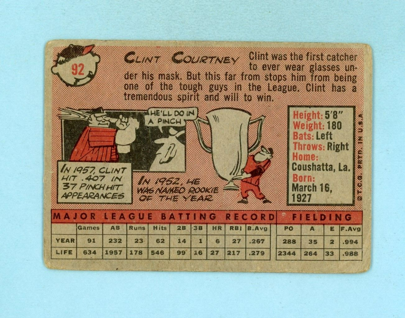 1958 Topps #92 Clint Courtney Wash. Senators Baseball Card Low Grade YL Vari