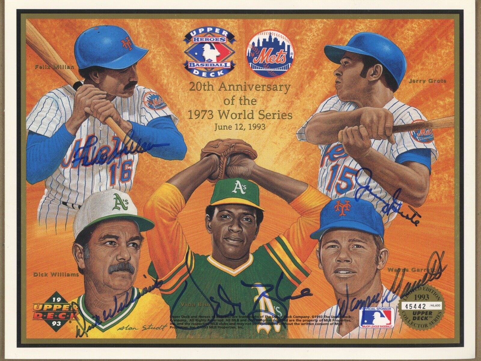 1973 World Series Print Signed by 5 D. Williams, V. Blue, etc Auto B&E Hologram