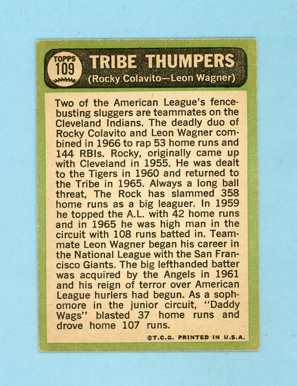 1967 Topps #109 Tribe Thumpers Rocky Colavito, Leon Wagner Baseball Card EX