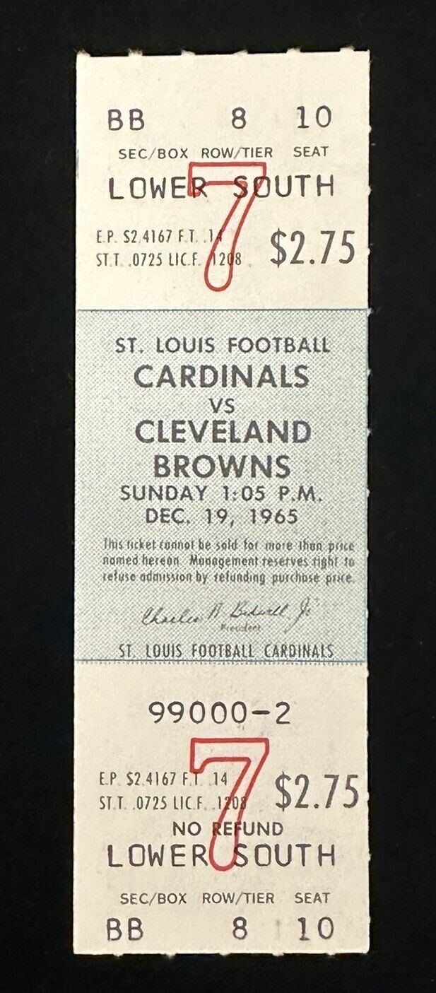 Dec 19 1965 SL Cardinals NFL FULL Ticket vs Cleveland Browns Jim Brown Last Game