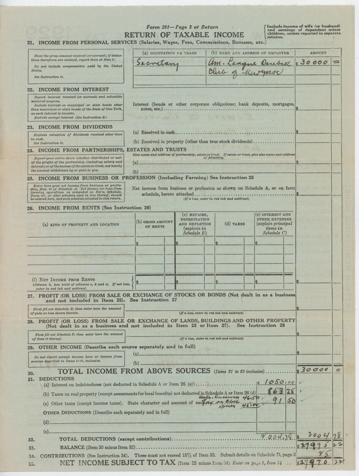 Original UNSIGNED 4 Page 1929 Tax Return Form of Ed Barrow • Yankees Executive