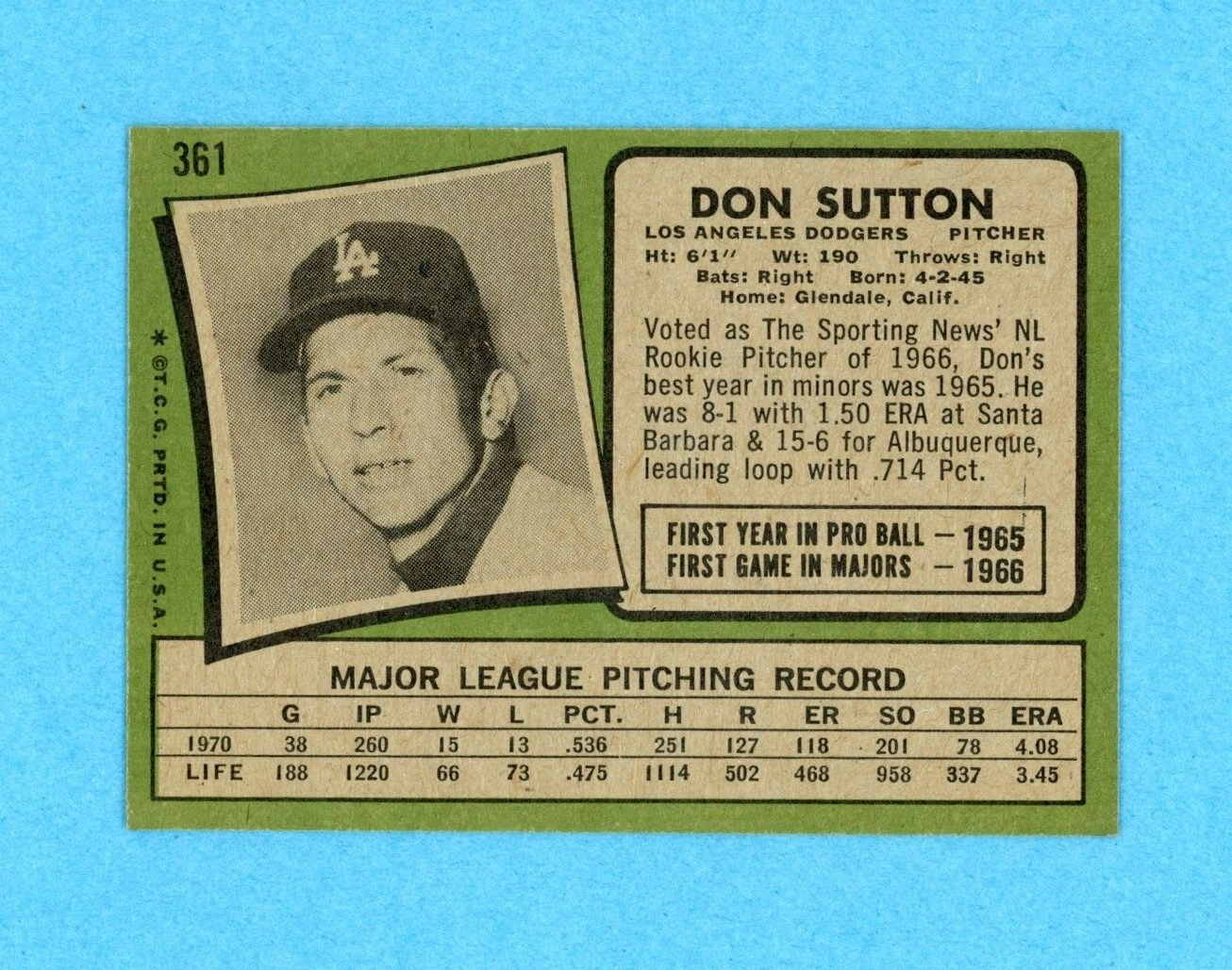 1971 Topps #361 Don Sutton Los Angeles Dodgers Baseball Card NM