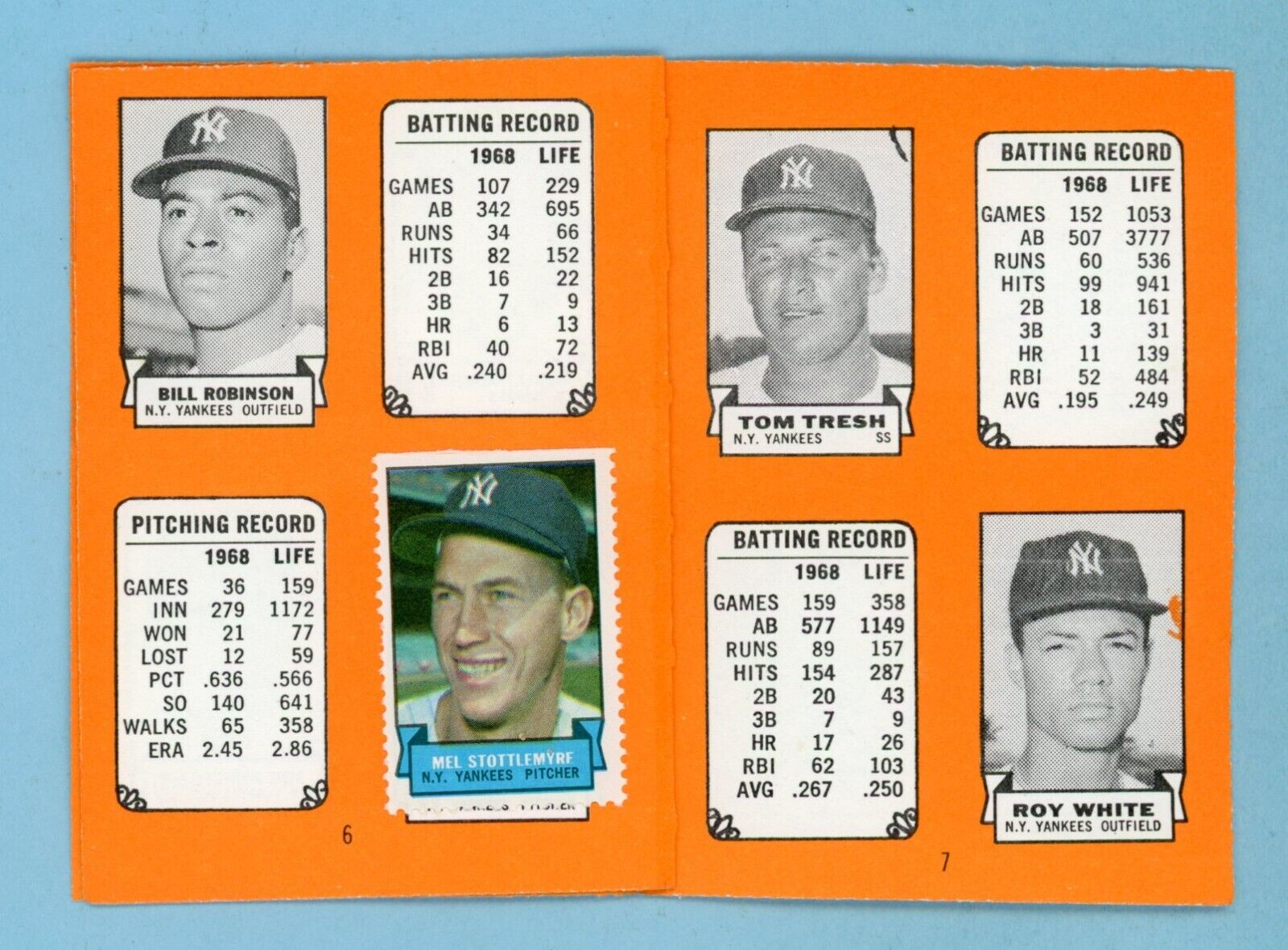 1969 Topps New York Yankees Stamp Album with 7 Stamps Mickey Mantle & others