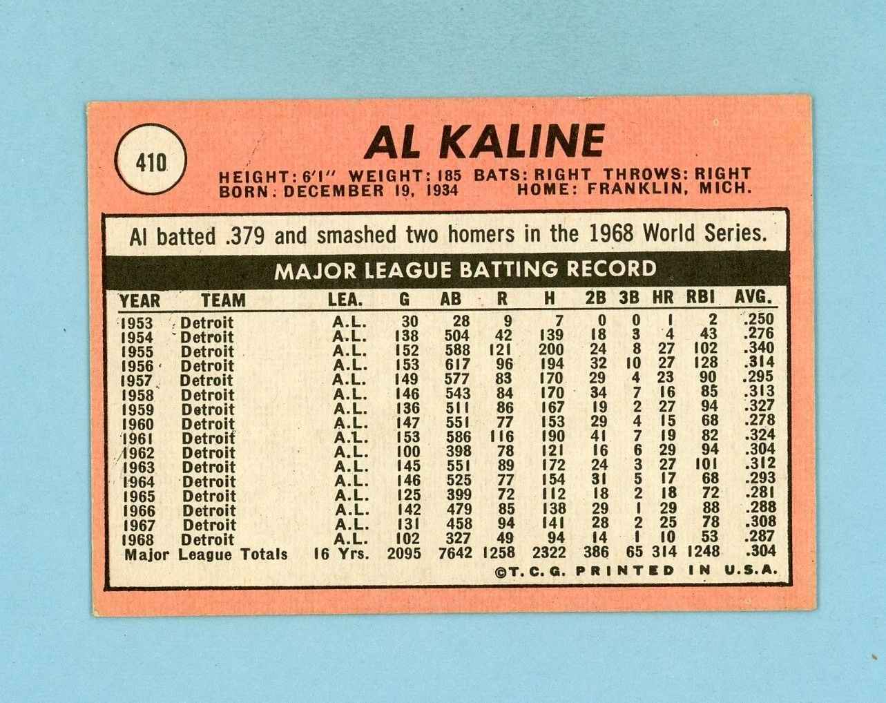 1969 Topps #410 Al Kaline Detroit Tigers Baseball Card EX+ - Ex/Mt o/c