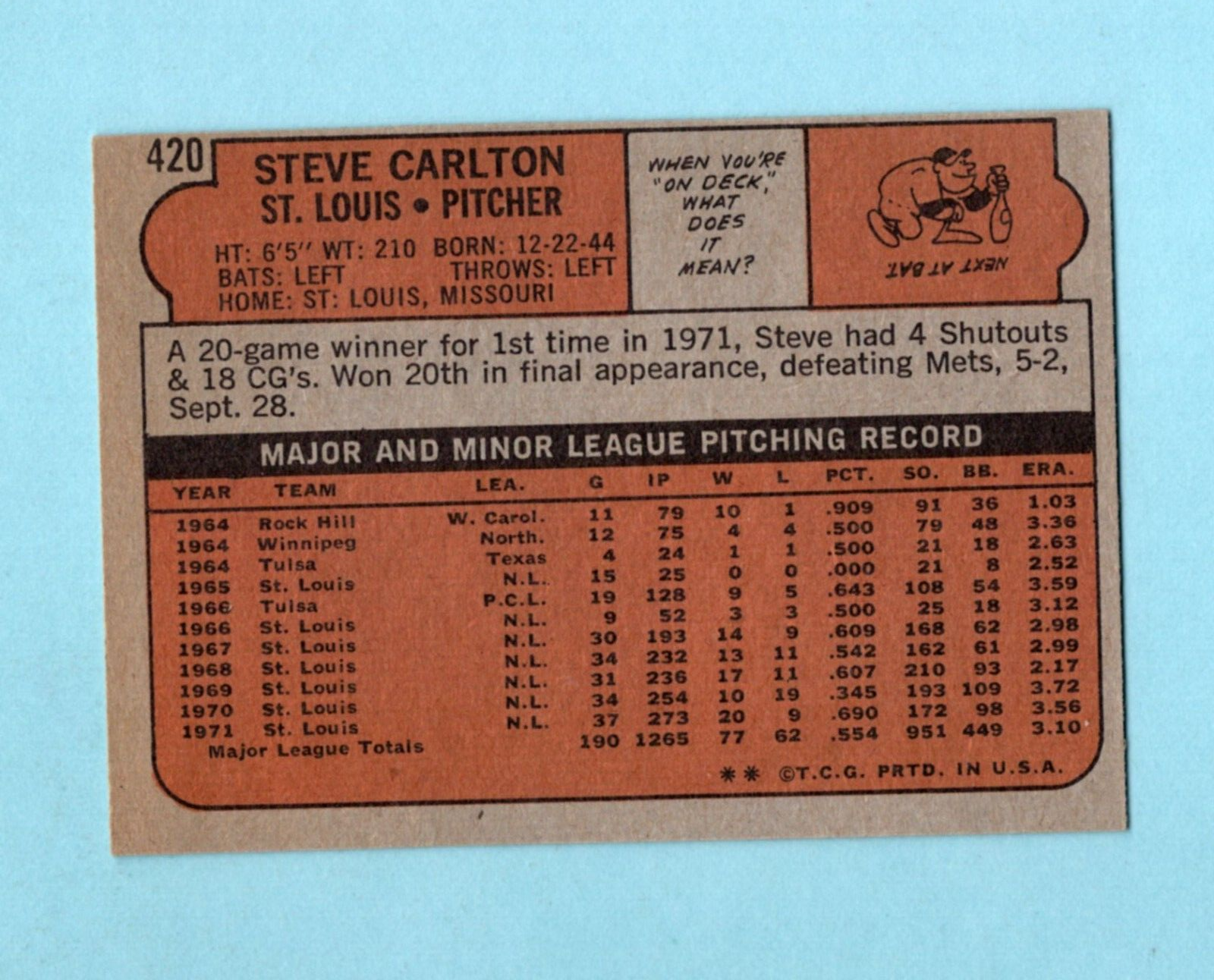 1972 Topps #420 Steve Carlton St. Louis Cardinals Baseball Card Ex/Mt