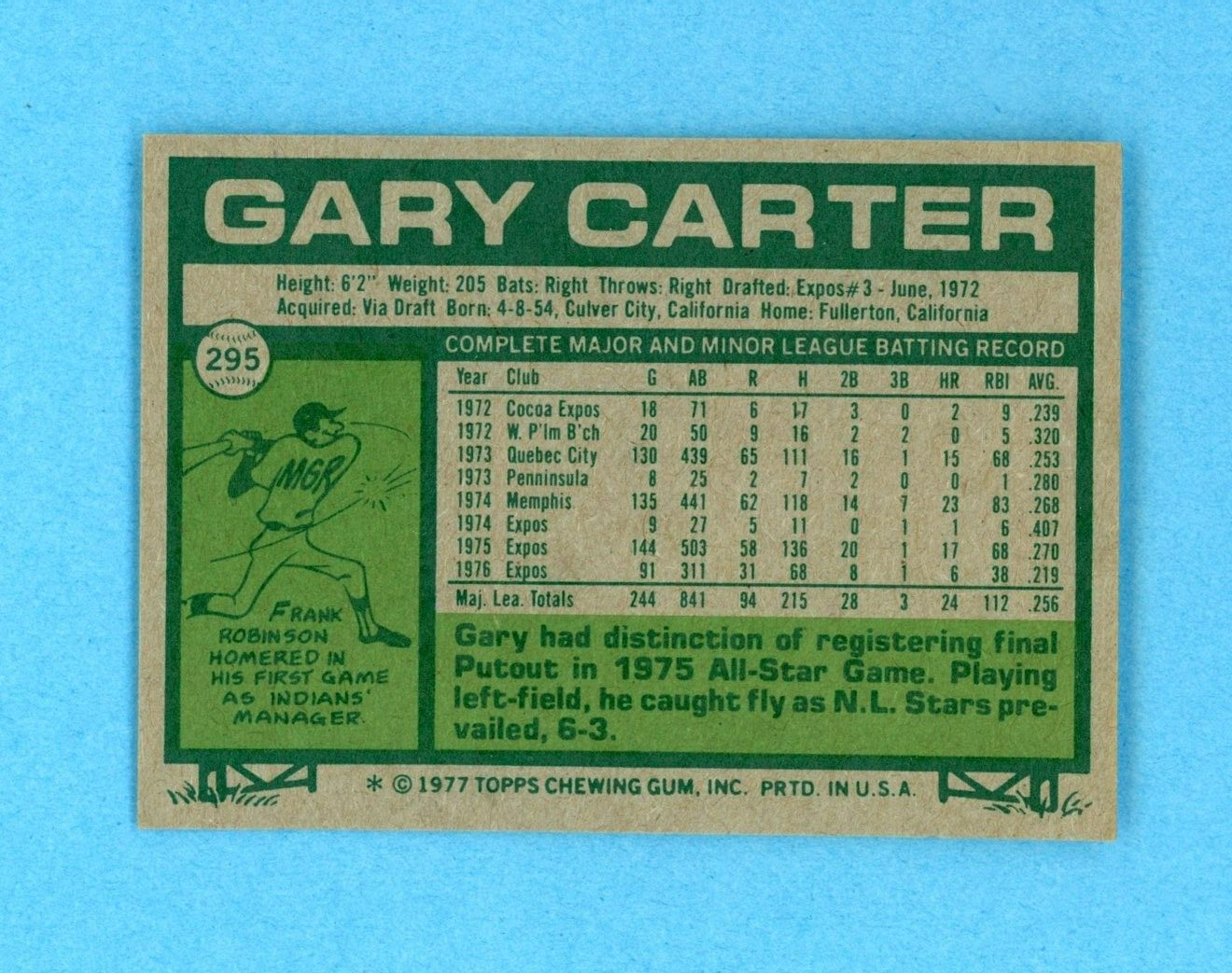 1977 Topps #295 Gary Carter Montreal Expos Baseball Card Ex/Mt - NM