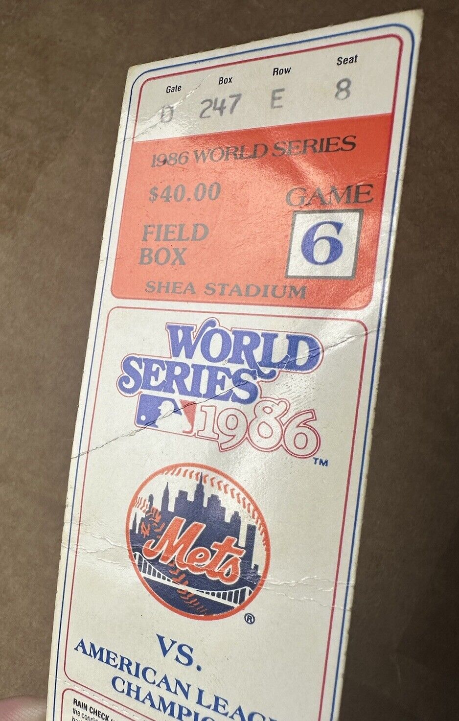 1986 Mets World Series Ticket Stub (Orange) Game 6 vs Red Sox Bill Buckner Error