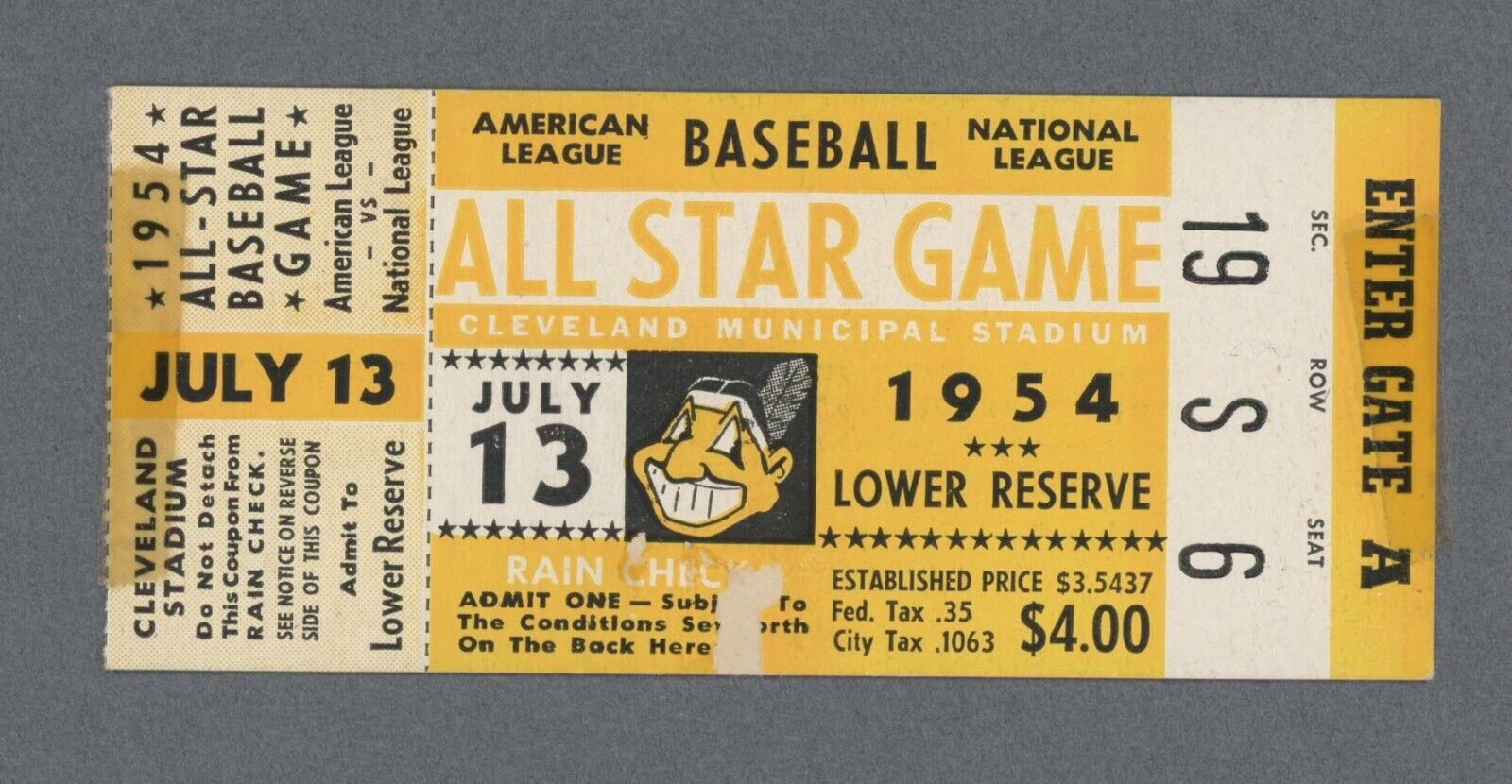 July 13, 1954 MLB All Star Game at Cleveland Stadium Ticket Stub 