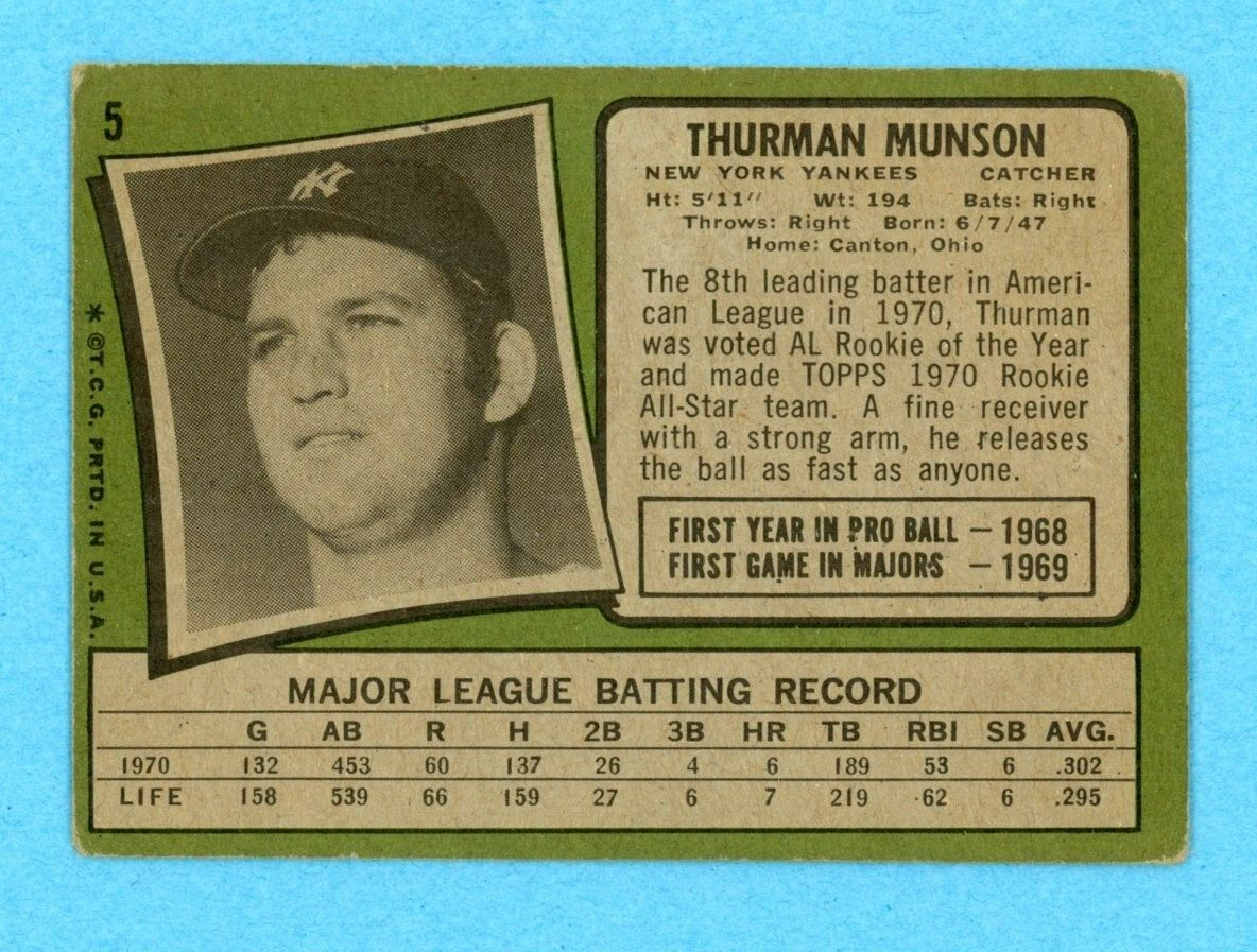 1971 Topps #5 Thurman Munson New York Yankees Baseball Card Low Grade