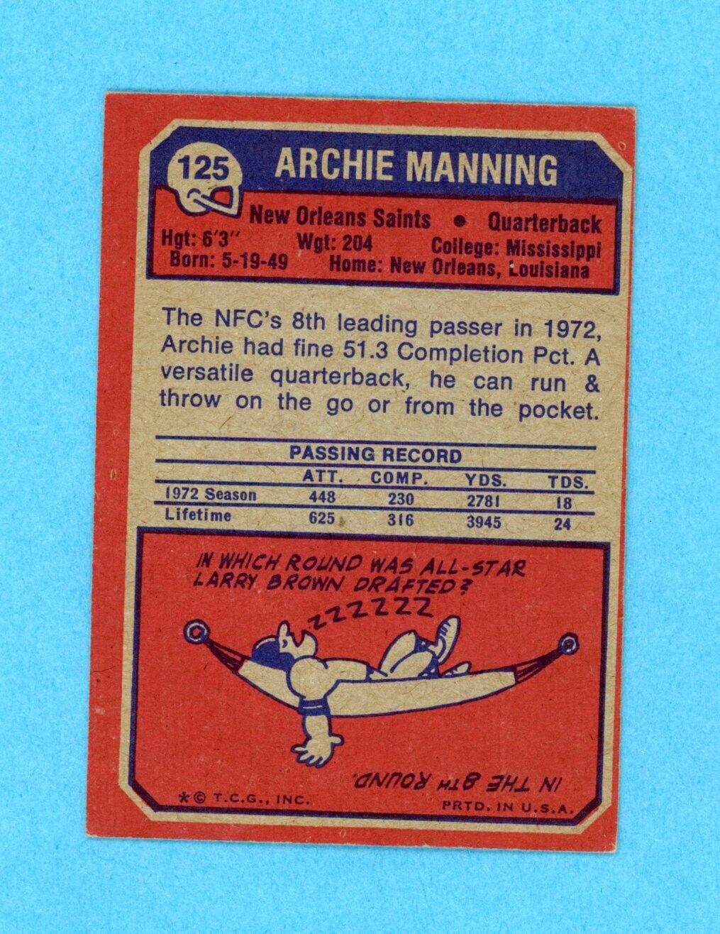 Archie Manning New Orleans Saints 1973 Topps #125 Autographed Football Card