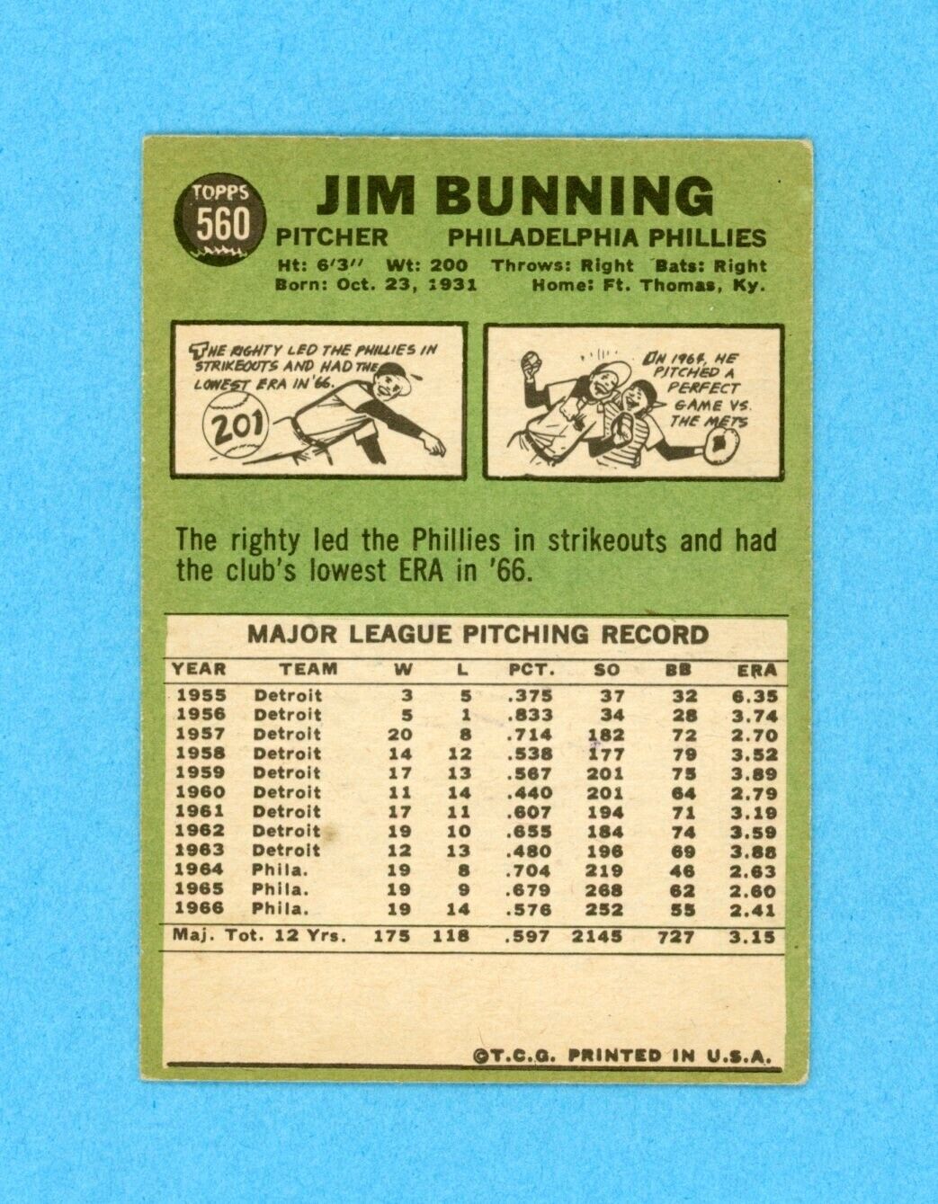 Jim Bunning Signed 1967 Topps Card High #560 Auto with B&E Hologram