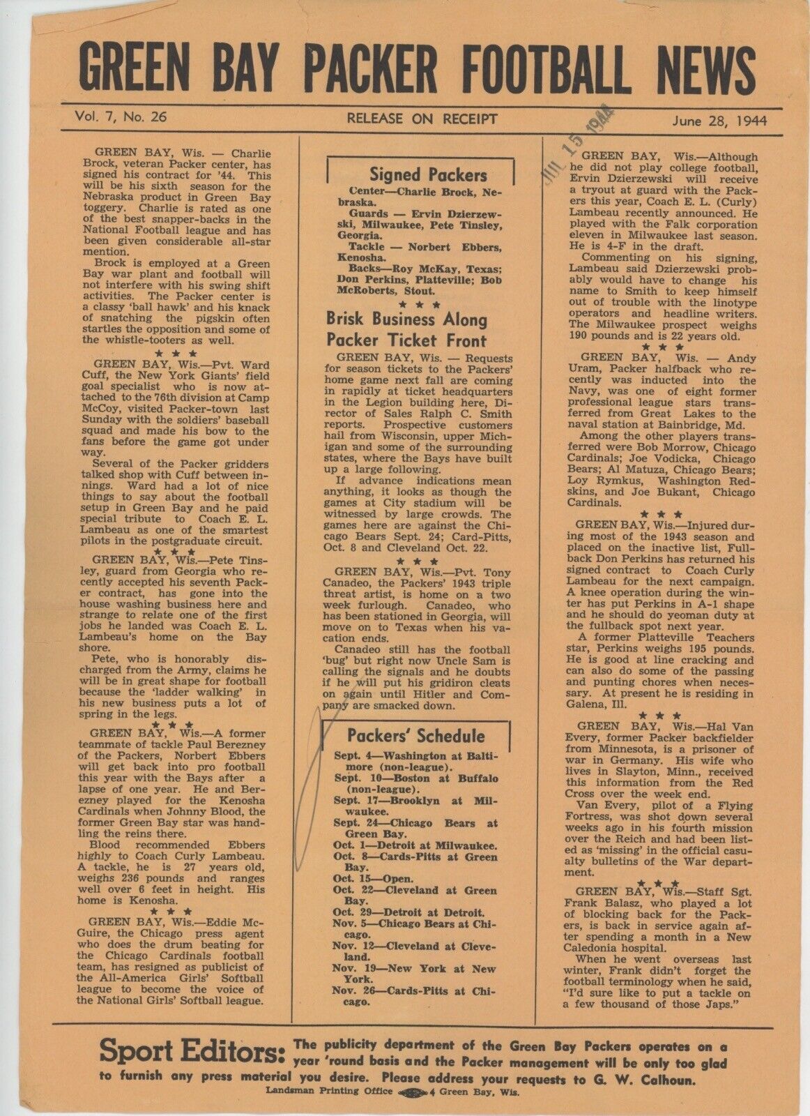 Lot of 4 Original Green Bay Packers Football News Sheets • 2 each 1942 & 1944