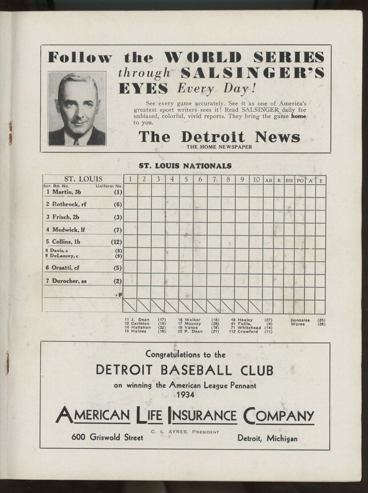 1934 World Series Program Tigers vs Cardinals Signed by Gehringer and 3 others