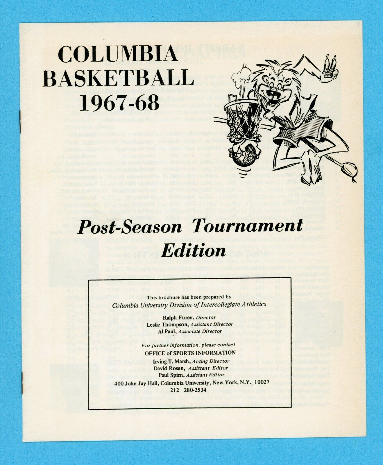 1967-68 Columbia University Basketball Post Season Tournament Guide