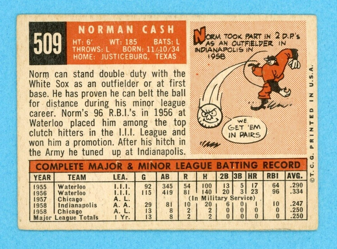 1959 Topps #509 Norm Cash Chicago White Sox Rookie Baseball Card VG-VG+