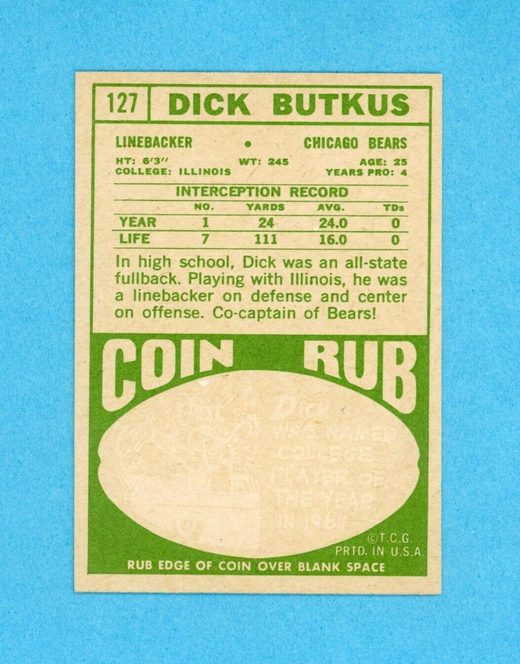 1968 Topps #127 Dick Butkus Chicago Bears Football Card Ex/Mt - NM