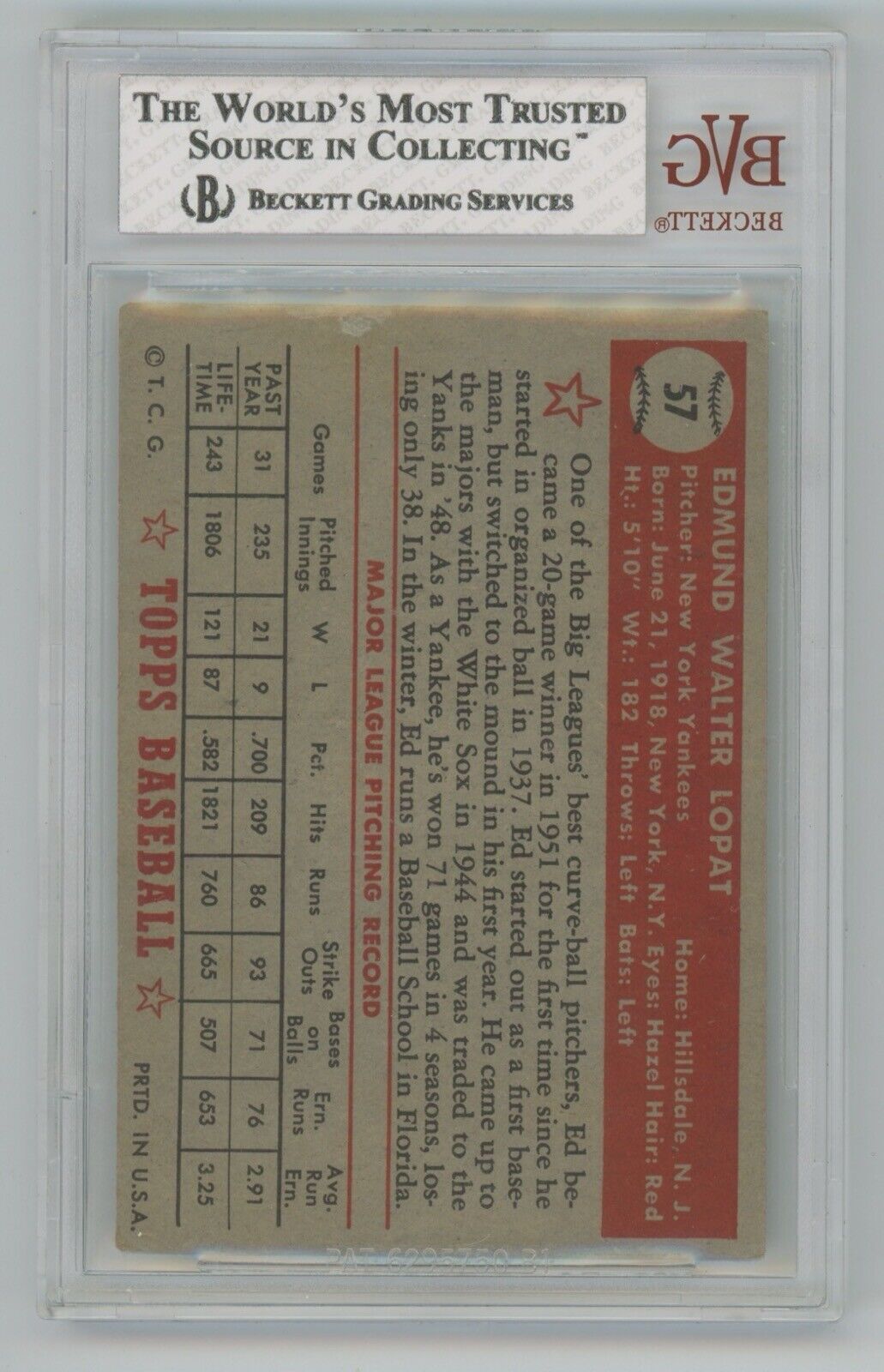 Ed Lopat 1952 Topps #57 Red Back • BVG 4 VG-EX