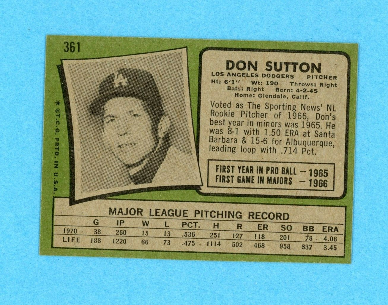 1971 Topps #361 Don Sutton Los Angeles Dodgers Baseball Card Ex/Mt - NM