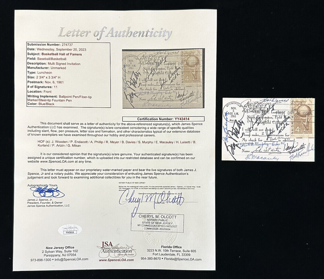 Basketball HOFers MULTI SIGNED 1961 Springfield Invitation 11 sigs w/ JSA LOA