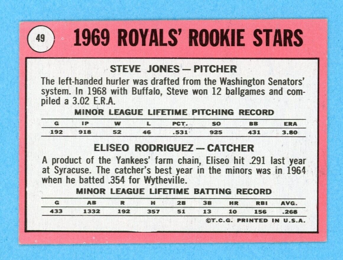 1969 Topps #49 Royals Rookie Stars Rodriquez Error Baseball Card Ex/Mt-NM sp ft