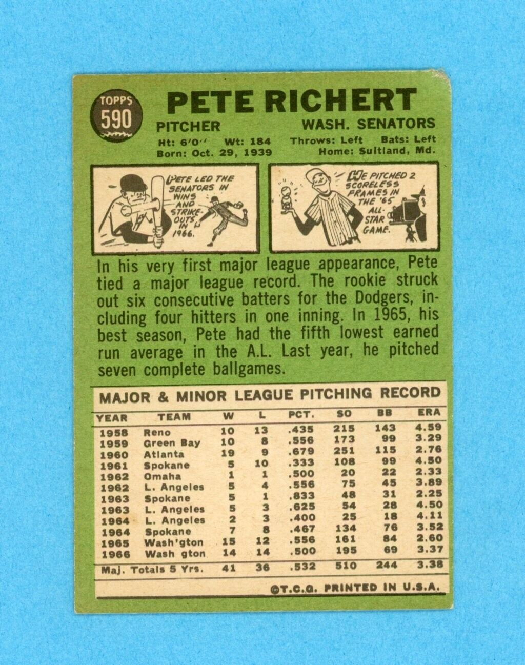 1967 Topps #590 Pete Richert Wash Senators High Number Baseball Card Vg/Vg+