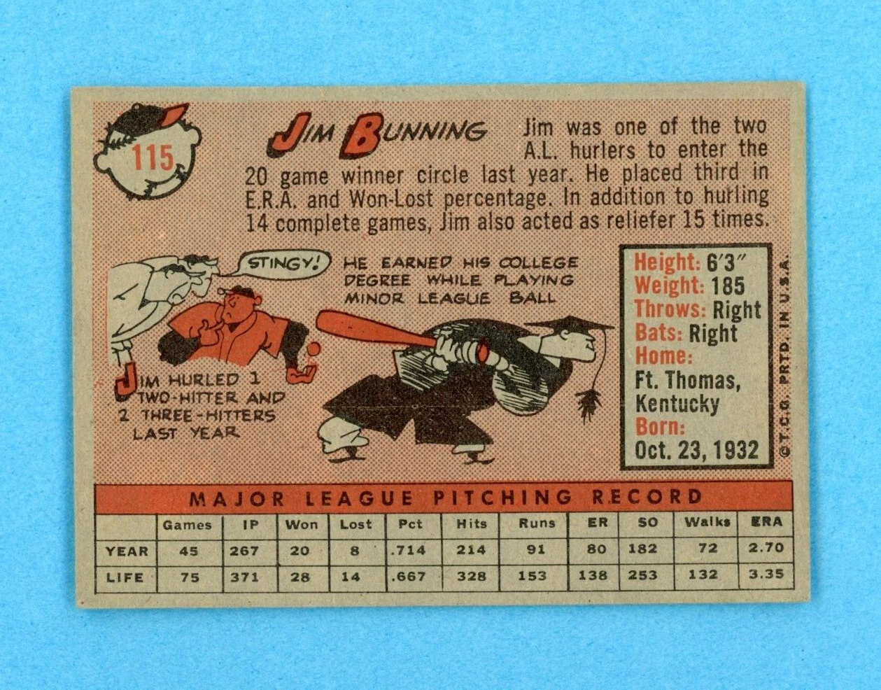 1958 Topps #115 Jim Bunning Detroit Tigers Baseball Card EX+