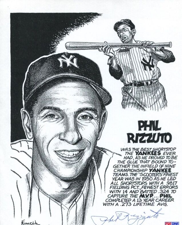 Phil Rizzuto 8X10 B&W Artwork Auto PSA/DNA