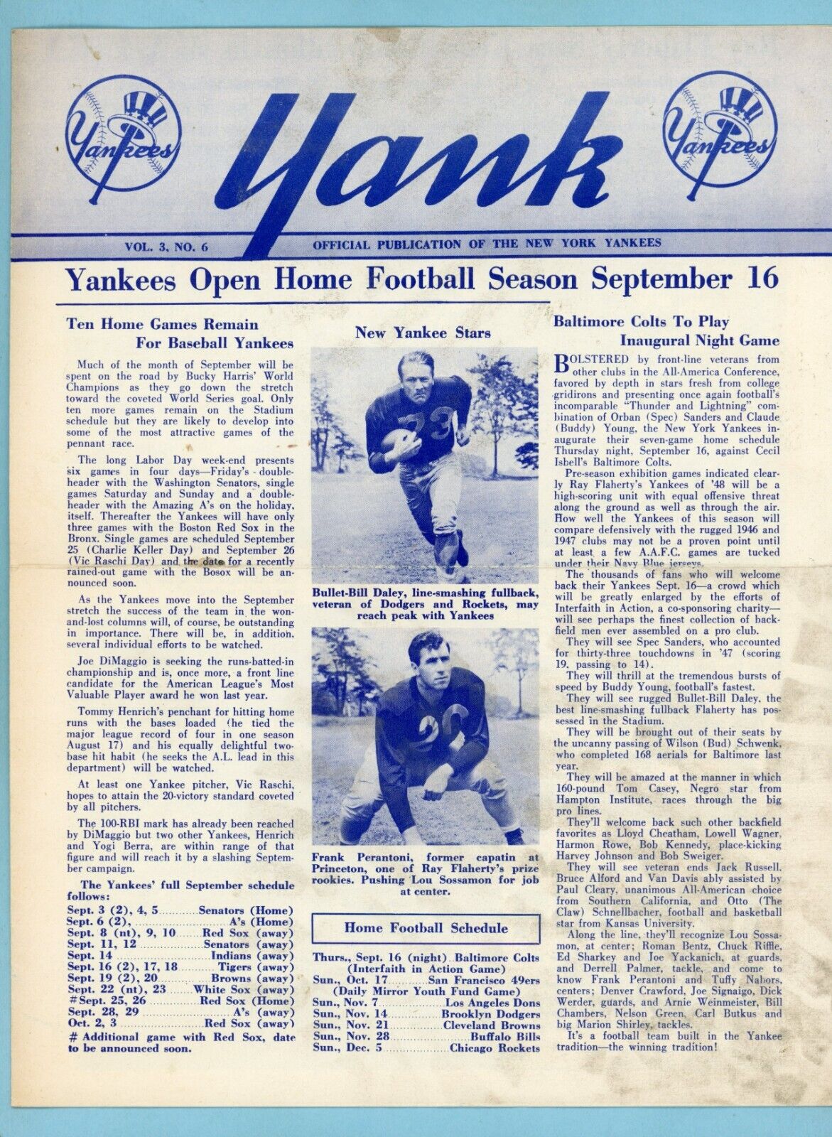 Yank 1948 Official New York Yankees Newsletter Bill Daley, Frank Perantoni