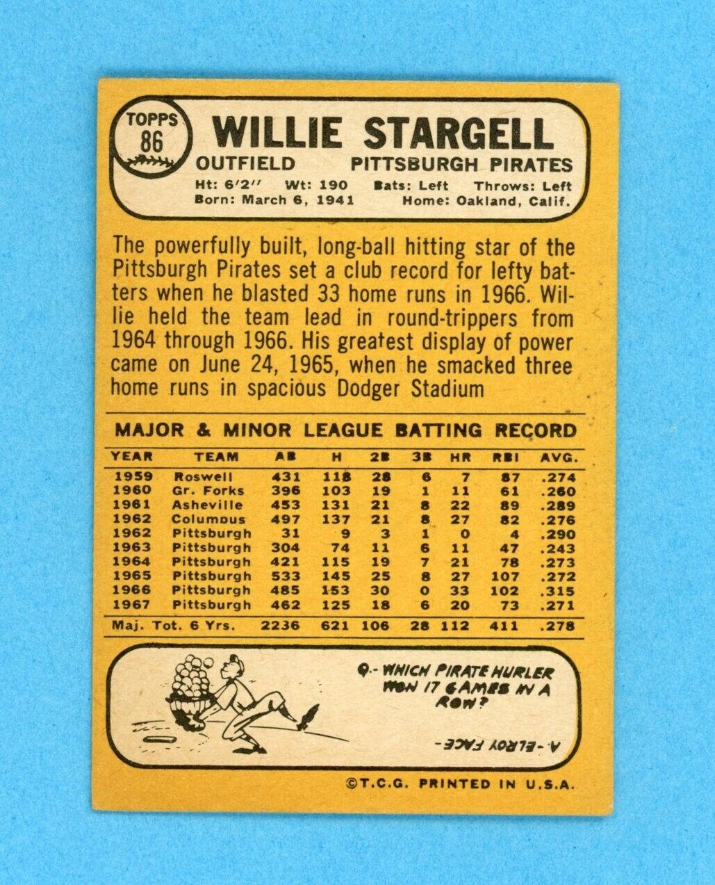 1968 Topps #86 Willie Stargell Pittsburgh Pirates Baseball Card EX+ o/c