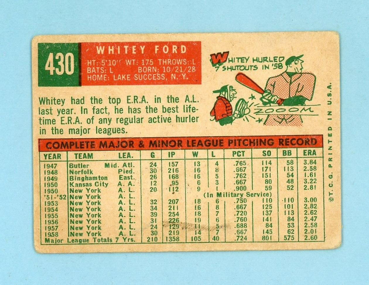 1959 Topps #430 Whitey Ford New York Yankees Baseball Card Low Grade