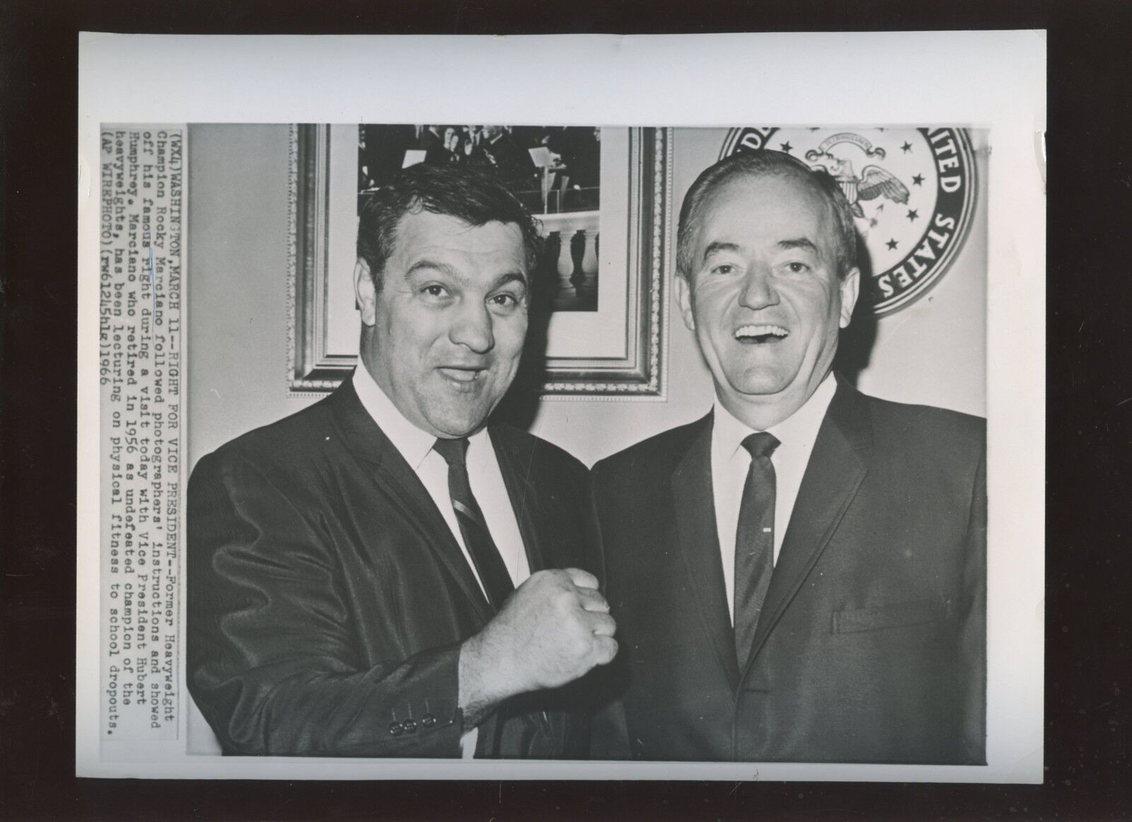 Original March 11 1966 Rocky Marciano Vice President Hubert Humphrey Wire Photo