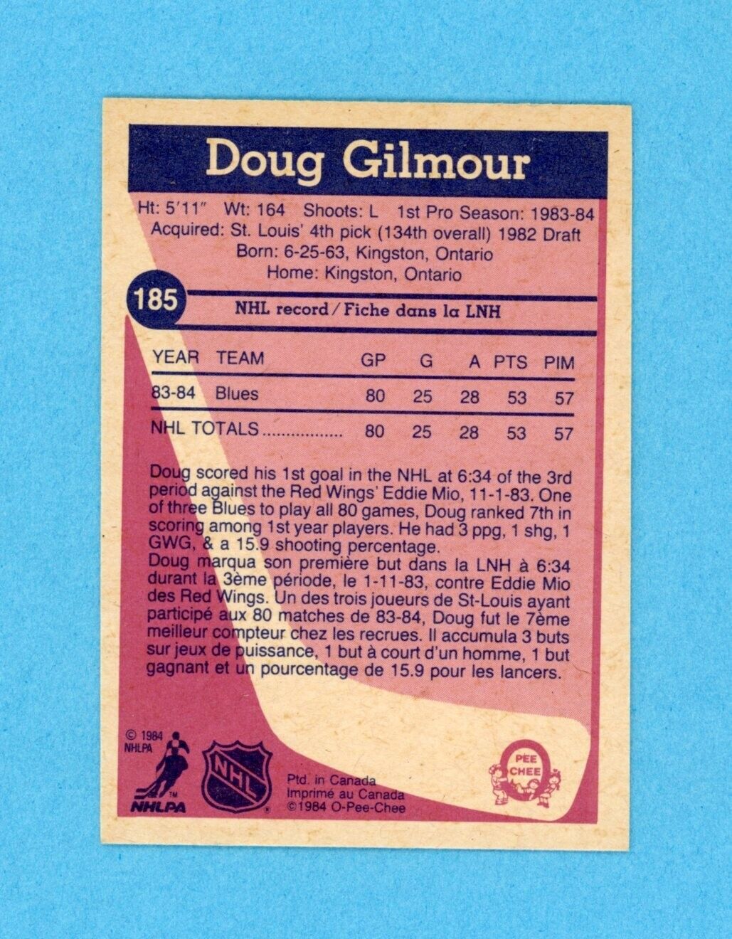 Doug Gilmour St Lou Blues 1984-85 O Pee Chee #185 Autographed Rookie Hockey Card