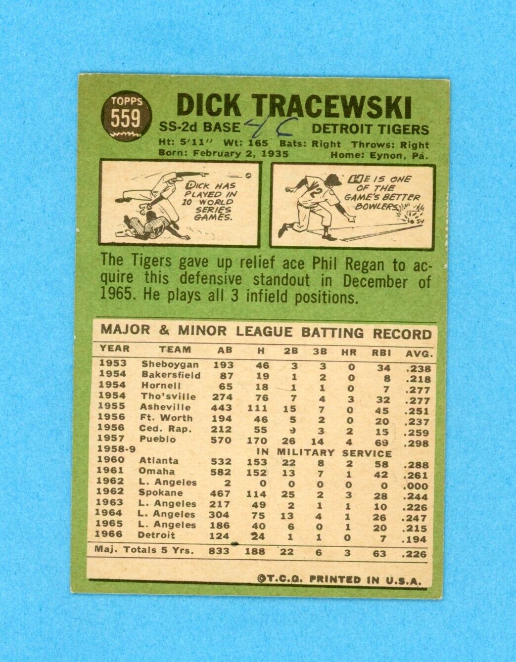 Dick Tracewski Signed 1967 Topps Hi# Card #559 Auto with B&E Hologram