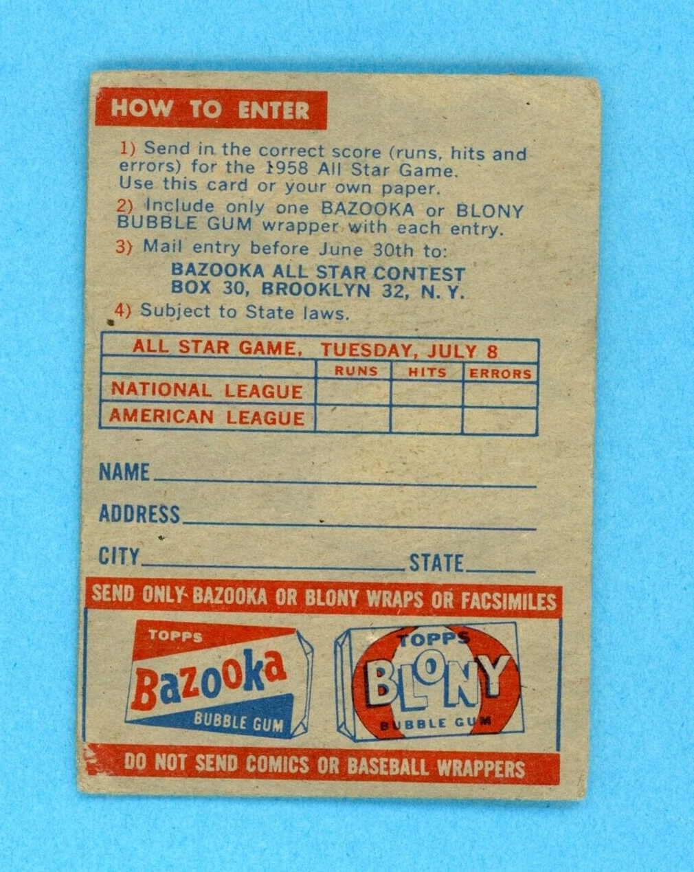 1958 Topps All-Star Game Contest Baseball Card Low Grade