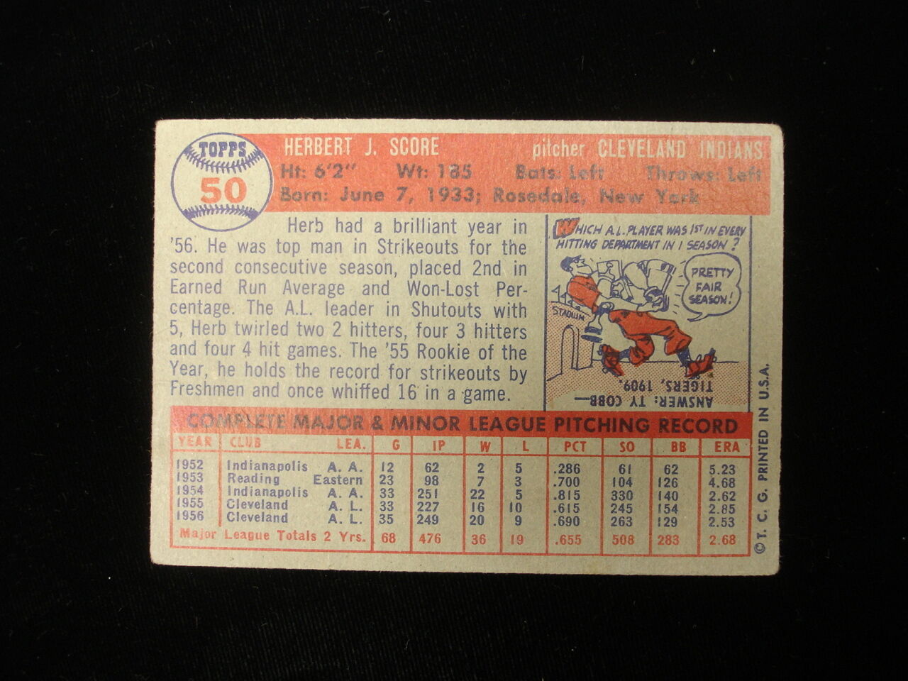 Herb Score Autographed 1957 Topps #50 Baseball Card